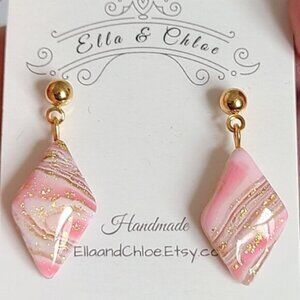 Boho Gold Ball Resin Pink Agate Gemstone Inspired Diamond Drop Dangle Earrings